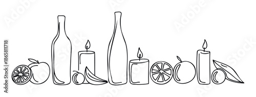 Minimalist black line drawing of elegant bottles, flickering candles, and fresh organic fruits like oranges, apples, and olives, suitable for upscale graphic design or home decor