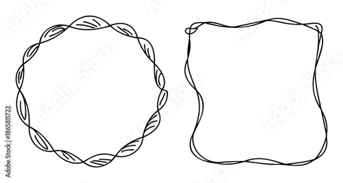 Set of hand drawn black line frames featuring a round twisted border and an irregular wavy rectangular outline suitable for decorative accents in various graphic projects