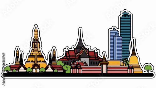 Stylized cityscape featuring traditional temples and modern skyscrapers