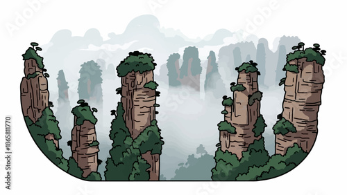 Mist-shrouded, verdant rock spires rise majestically from a hazy abyss