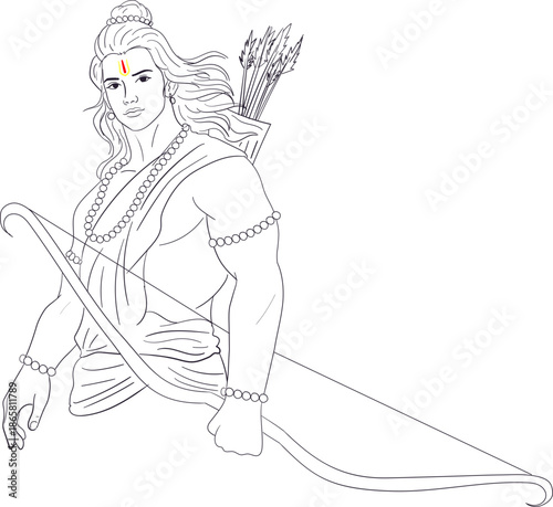 Lord Ram with bow and arrows outline illustration