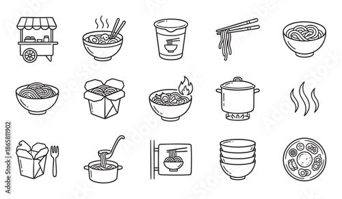 Set of noodle and ramen food icons showing various dishes, takeout boxes, a street cart, and cooking elements in a simple black and white line art illustration style