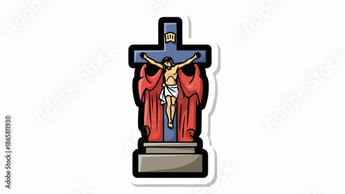 Stylized depiction of Jesus on the cross, with draped red fabric