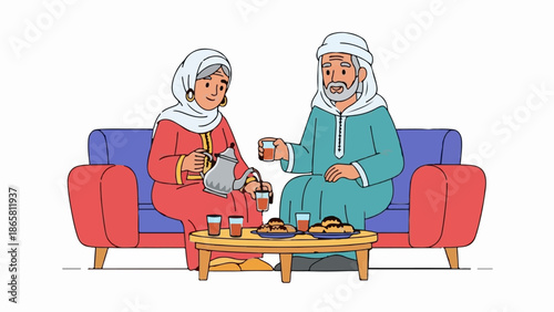 Elders share tea and pastries on a sofa in a cozy home setting