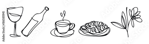 Minimalist continuous line drawings of a wine glass, bottle, steaming coffee cup, food on a plate, and a flower, perfect for restaurant menus, cafe decor, or contemporary kitchen branding