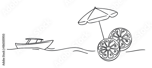 Minimalist black line depiction of a boat sailing on ocean waves near a beach umbrella and refreshing citrus fruit slices, great for summer holiday promotions.