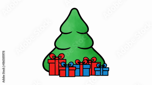 Festive tree with a collection of colorful wrapped gifts at its base