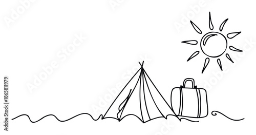 This minimalist continuous line drawing depicting a camping tent, a travel suitcase, and a shining sun is perfect for vacation planning, outdoor adventure promotions, summer holiday