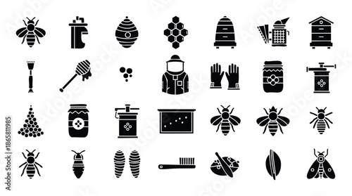 Beekeeping and honey production vector icons, a comprehensive collection of apiary tools, various bees, and hive elements perfect for educational materials or commercial packaging.