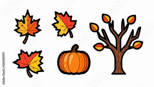 Autumn scene with colorful leaves, a pumpkin, and a bare tree