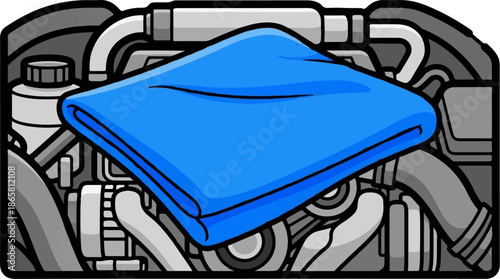 A cartoon image of a blue cloth folded over a grey engine
