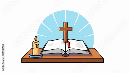 A lit candle and open book with cross on shelf, light rays