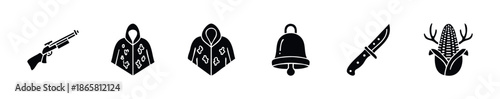 Assortment of hunting and outdoor activity themed symbols including a firearm, camouflage suit, wildlife bell, sharp blade, and a unique antler corn, suitable for game development and