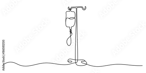 Continuous line drawing of an intravenous drip stand, symbolizing healthcare and recovery