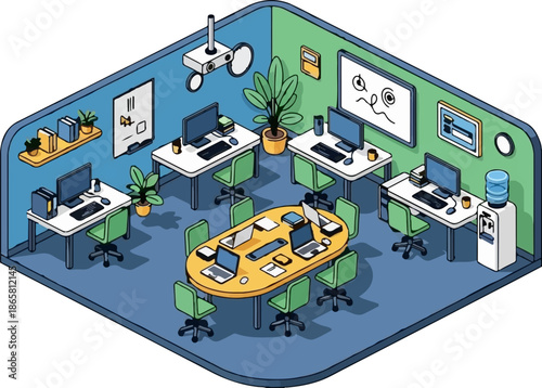 Isometric view of a modern office space with workstations, a conference table, and a water cooler