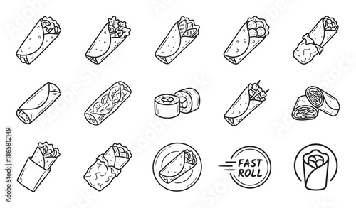 Set of rolled food icons in a hand-drawn doodle style, featuring various wraps, burritos, shawarma, and sushi illustrations for fast food menu or delivery concepts