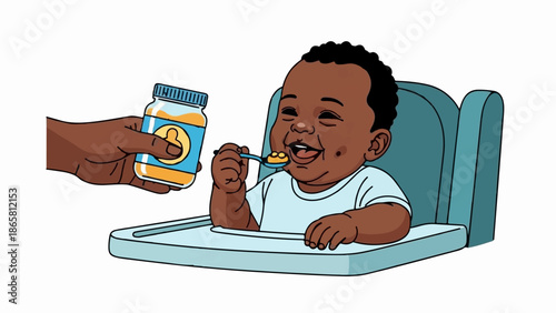 A happy baby sits in a high chair, being fed by a spoon of food