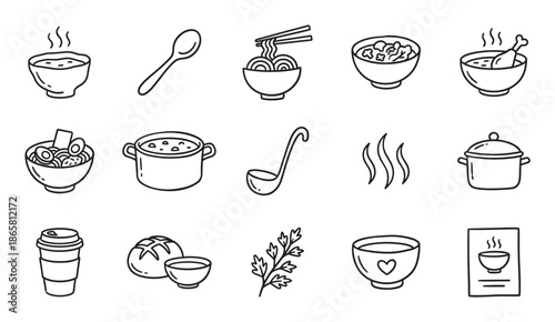 Hand-drawn soup and food icon set with bowls of ramen, broth, chicken noodle, cooking pots, ladle, spoon, and bread in a minimalist black and white sketch illustration style
