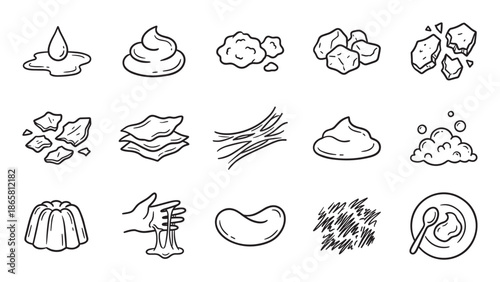 Hand-drawn texture and substance icon set featuring various physical forms like creamy, gooey, crumbly, flaky, and liquid, presented in a minimalist black outline doodle illustration