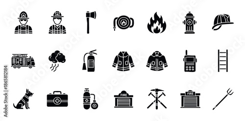 Comprehensive collection of essential firefighting equipment and rescue tools icons for emergency service applications, educational materials, and safety awareness campaigns