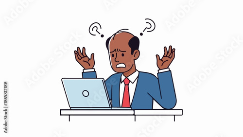 Frustrated businessman at laptop with question marks overhead