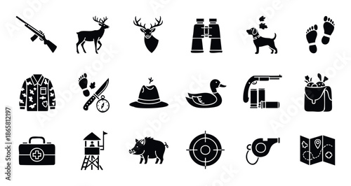A comprehensive collection of hunting and outdoor activity icons representing essential gear, animals, and related concepts perfect for wilderness adventure designs or recreational sport