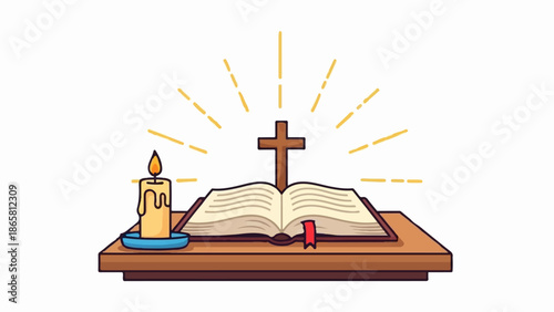 An open book with a cross and lit candle, radiating divine light