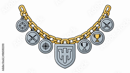 Ornate gold chain necklace displaying various achievement medals and a central shield emblem