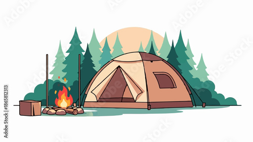 Cozy campsite with a dome tent and campfire nestled among pine trees