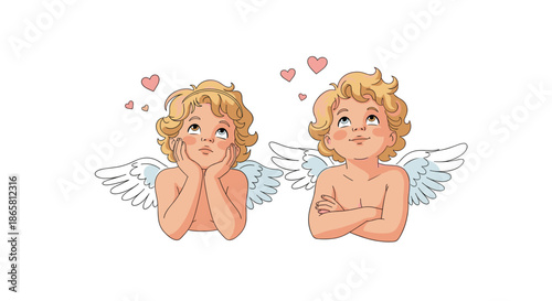 Two cute little blonde angels with small wings look up thoughtfully while pink hearts float above their heads on white.
