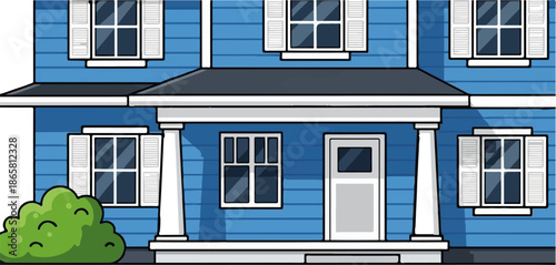 A cartoon-style blue house with white trim, shutters, windows, and a green bush