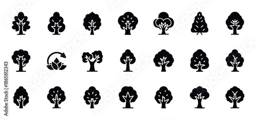 Various stylized tree icons for nature and ecology related projects, perfect for graphic design, web development, app interfaces, and environmental initiatives.