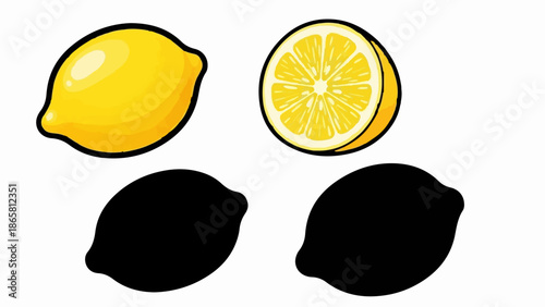 Two yellow lemons, one whole and one sliced, with their black silhouettes below