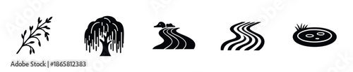 A versatile collection of naturethemed symbols featuring a leafy plant branch, a weeping willow tree, winding river shapes, and a tranquil pond icon, perfect for environmental graphics and