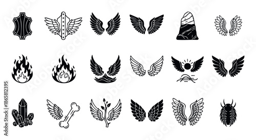 Collection of mystical and symbolic glyphs featuring various wing designs, elemental motifs, and natural elements perfect for apparel branding, tattoo inspiration, or game asset creation
