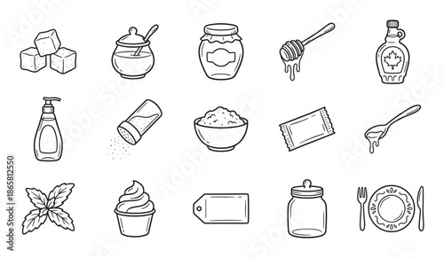 Set of hand-drawn food and condiment icons in a simple black and white doodle style, featuring sugar, honey, syrup, salt, and various kitchenware for cooking and dining