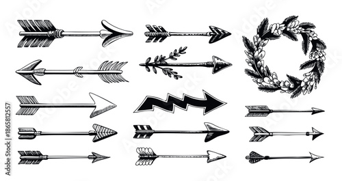 Collection of various hand drawn tribal arrows and a rustic botanical wreath in sketch style for traditional event invitations or decorative scrapbook projects