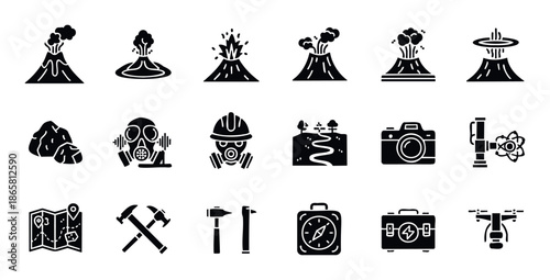 Professional geological exploration and natural disaster preparedness icon set, showcasing volcanoes, rocks, safety gear, surveying instruments, and remote sensing tools for industry