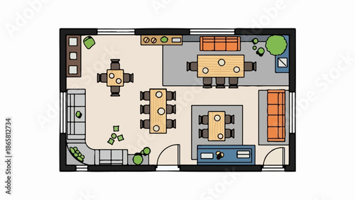 A bird's-eye view floor plan illustration of a dining and seating area with multiple tables and couches