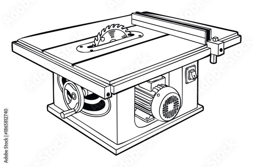 Industrial table saw equipment featuring a rotating circular blade and safety fence, perfect for illustrating wood processing tools and manufacturing diagrams