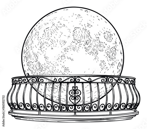 A striking full moon towering behind an elegant curved balcony with intricate wrought iron railing, perfect for decorative prints, visual assets, or themed publications.