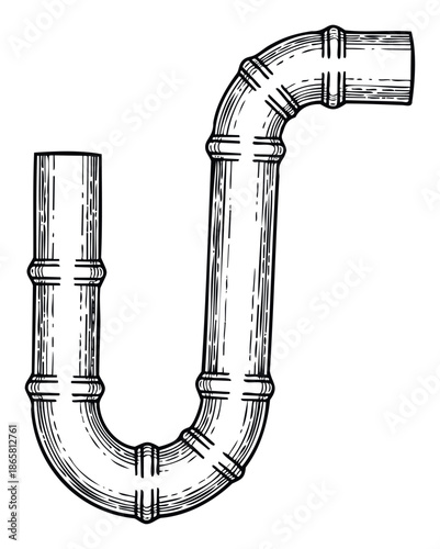 Black line work graphic depicting a U bend pipe trap an essential plumbing fixture for bathroom kitchen sink installation works and drainage system projects