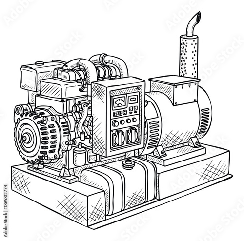 Industrial electrical power generator unit featuring a robust engine, fuel tank, and a detailed control panel, useful for energy supply solutions and construction equipment