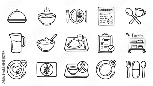 Set of hand-drawn doodle icons representing hospital food, nutrition, and dietary needs, including a meal tray, cloche, gluten-free symbol, and nutrition facts label