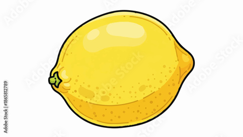 A bright yellow, cartoon-style lemon with a green stem on a white background