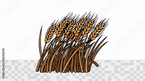 A cluster of golden wheat stalks with brown stems and blades stands against a white background