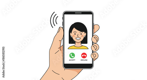 Person holding a smartphone shows an incoming call from a woman with black hair and a yellow shirt on a clear white screen.