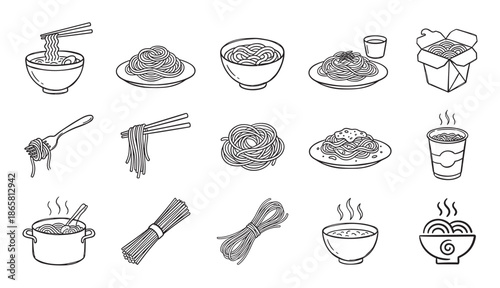 Set of hand-drawn noodle and pasta icons showing various dishes like ramen, spaghetti, and takeout food in a simple black and white line art doodle style illustration collection