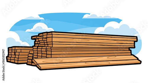 Stacked lumber under a cloudy blue sky