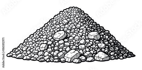 Heap of textured rocks and coarse gravel forming a conical mound rendered in a bold black outline graphic for construction, geology, and landscape design projects